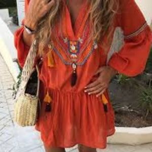 RED BOHO LANTERN SLEEVE DRESS